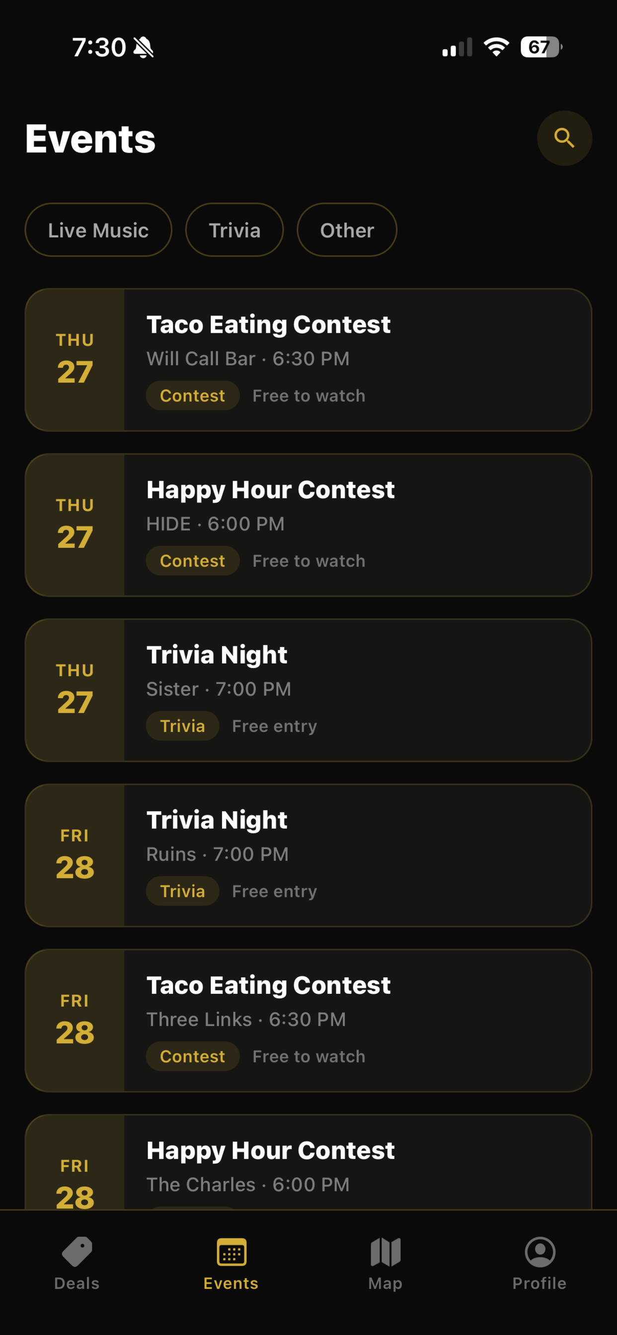 Events list showing trivia nights and contests by date