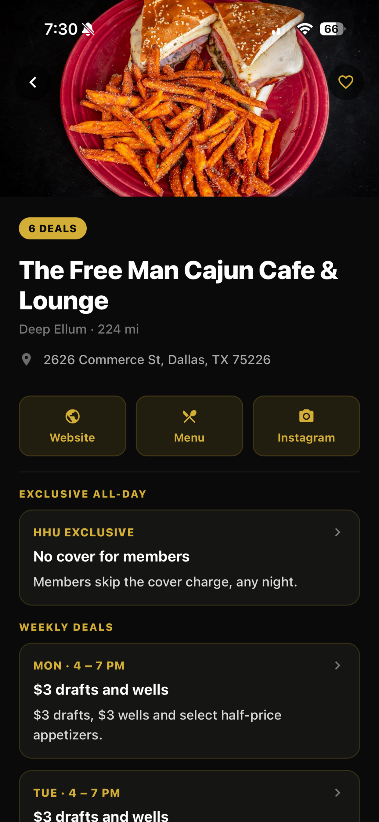 Venue screen listing all of a restaurant’s deals